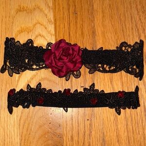 Elegant 2 piece Black Lace bridal garter with Red Rose and heart rhinestones
